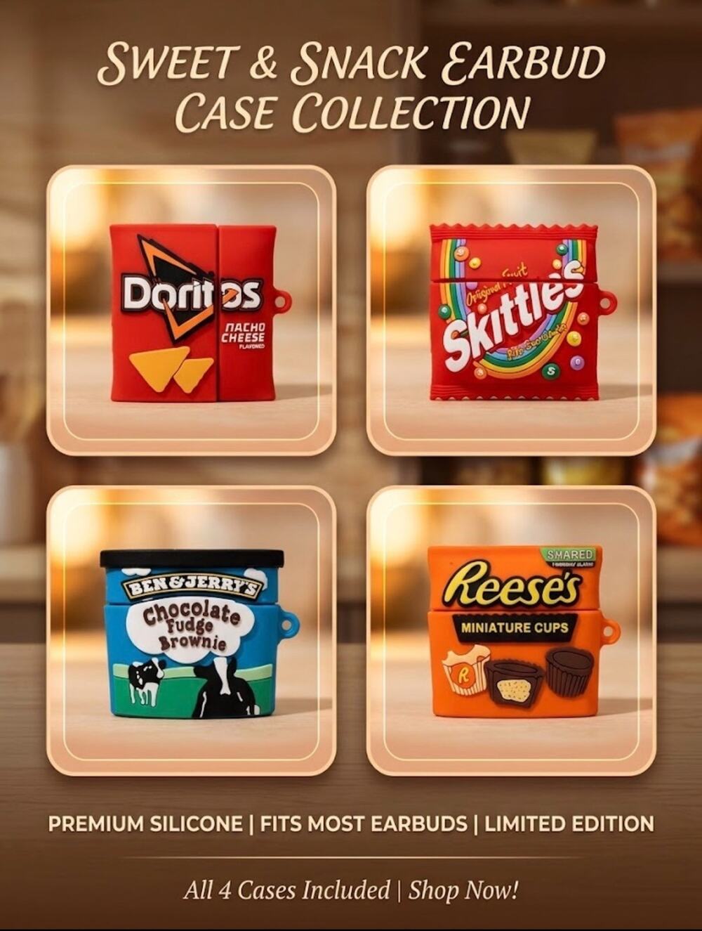 Cute Snack & Candy Silicone AirPods 4 Case Bundle Doritos Skittles Ben & Jerry's